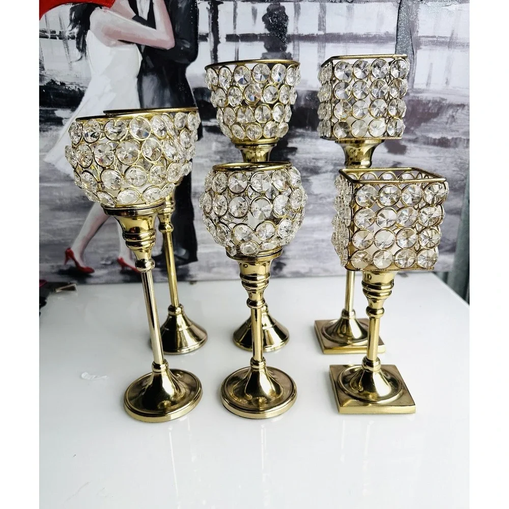 Crystal With Brass Candle Holder Metal Gold, 6 pcs